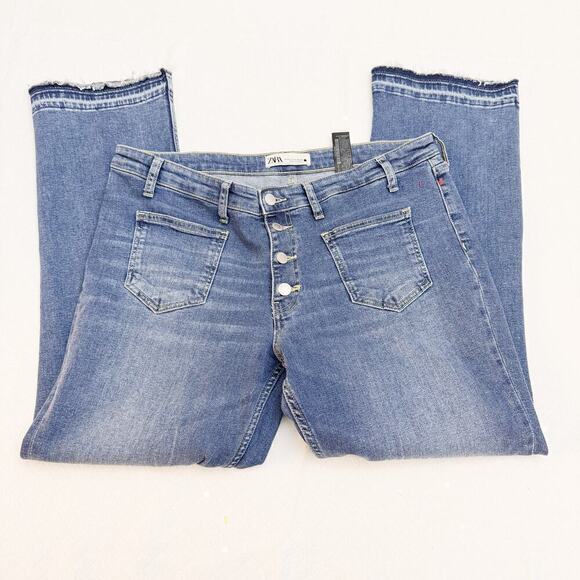 Zara Wide Leg Button Fly Denim Jeans Fringe Hem Size 12 - Picture 7 of 8